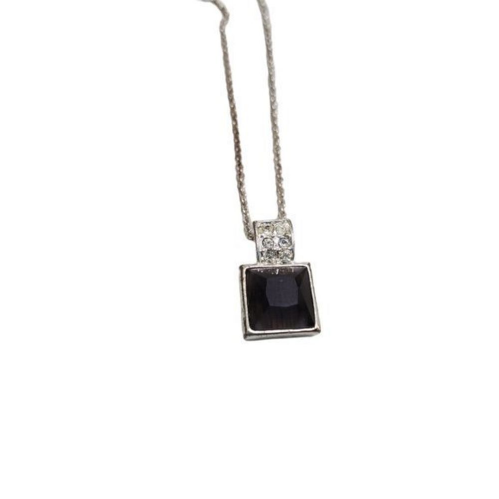 Roman Necklace Rhinestone Black Faceted Silver Tone Chain Pendant Small